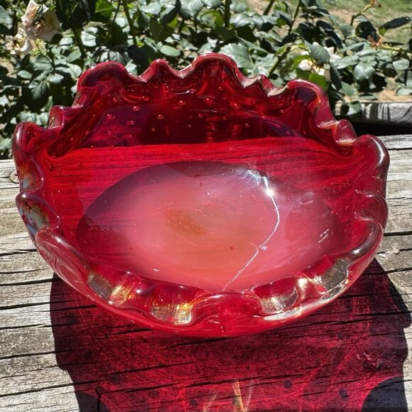 Ruby Red Murano Art Blown Glass Trinket Bowl 4.5” Glows Uv Bullicante Vintage - Picture 12 of 16